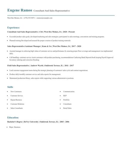 Consultant And Sales Representative Resume