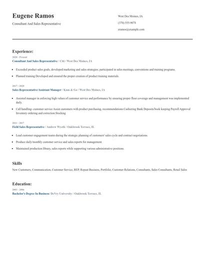 Consultant And Sales Representative Resume