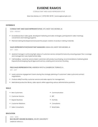 Consultant And Sales Representative Resume