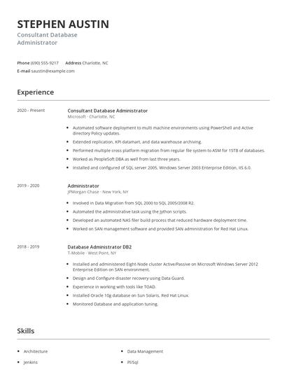 Consultant Database Administrator Resume
