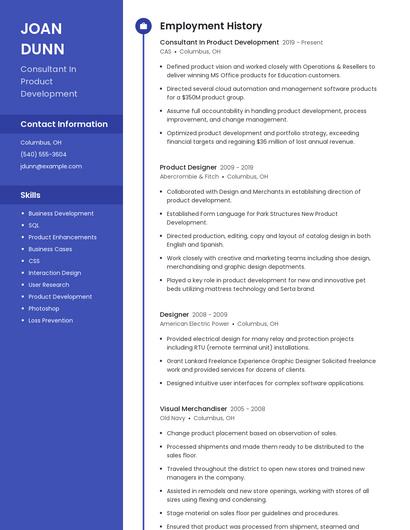 Consultant In Product Development Resume