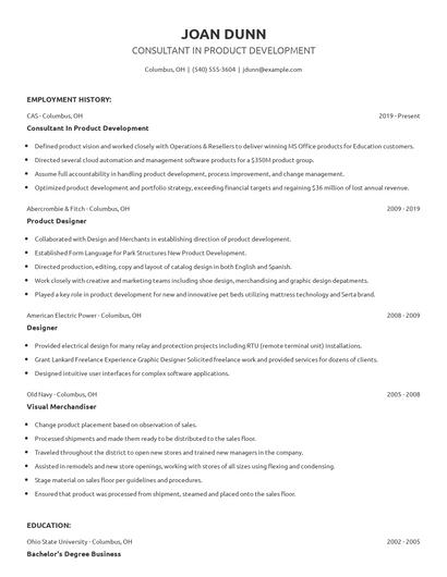 Consultant In Product Development Resume