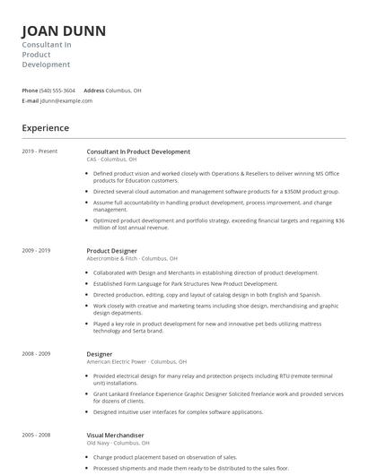 Consultant In Product Development Resume