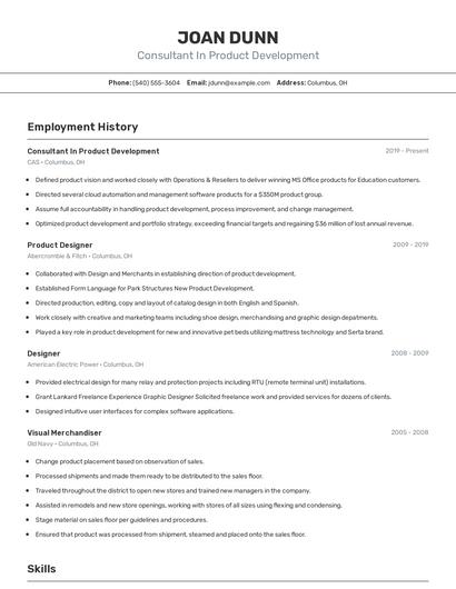 Consultant In Product Development Resume