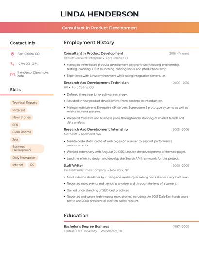 Consultant In Product Development Resume