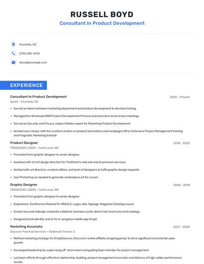 Consultant In Product Development Resume