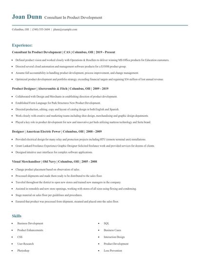 Consultant In Product Development Resume