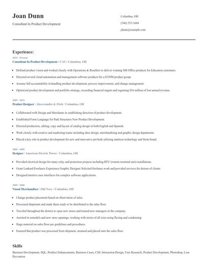 Consultant In Product Development Resume