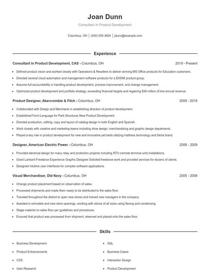 Consultant In Product Development Resume