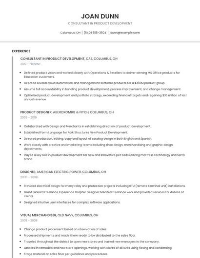 Consultant In Product Development Resume