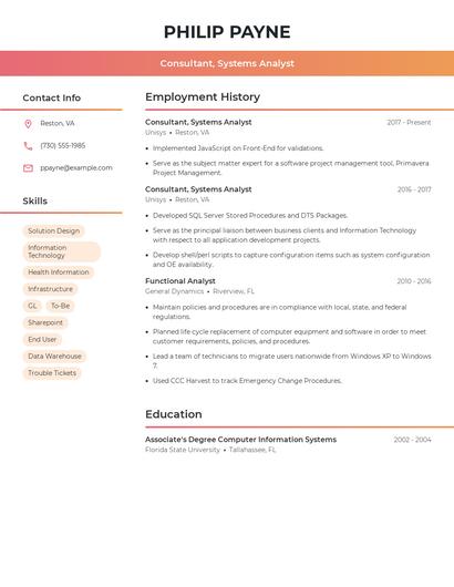 Consultant, Systems Analyst Resume