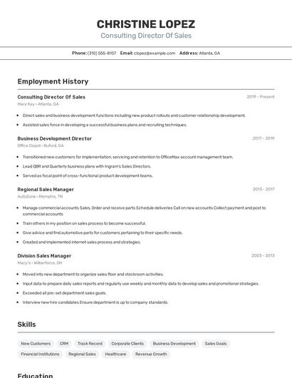 Consulting Director Of Sales Resume