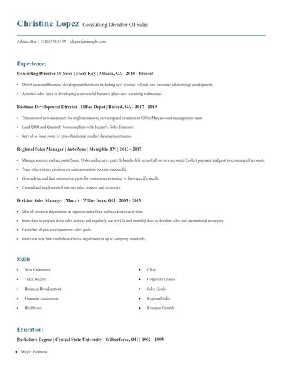 Consulting Director Of Sales Resume