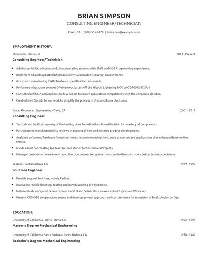Consulting Engineer/Technician Resume
