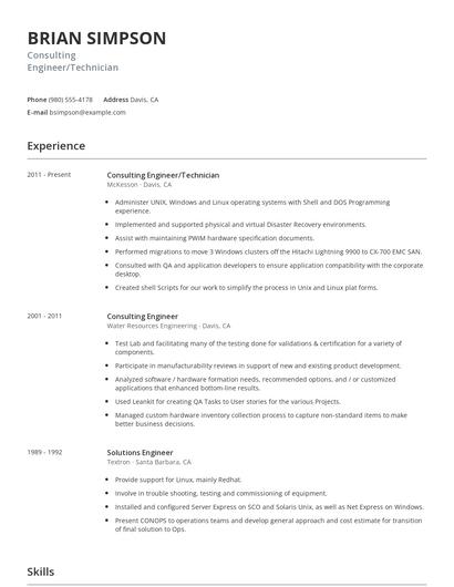 Consulting Engineer/Technician Resume