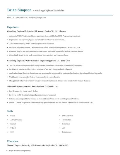 Consulting Engineer/Technician Resume