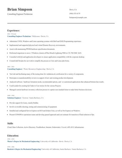 Consulting Engineer/Technician Resume