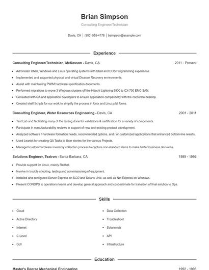Consulting Engineer/Technician Resume