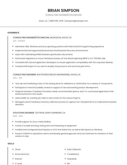 Consulting Engineer/Technician Resume