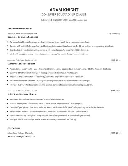 Consumer Education Specialist Resume