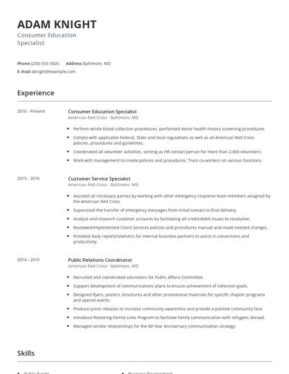 Consumer Education Specialist Resume