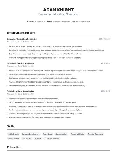 Consumer Education Specialist Resume