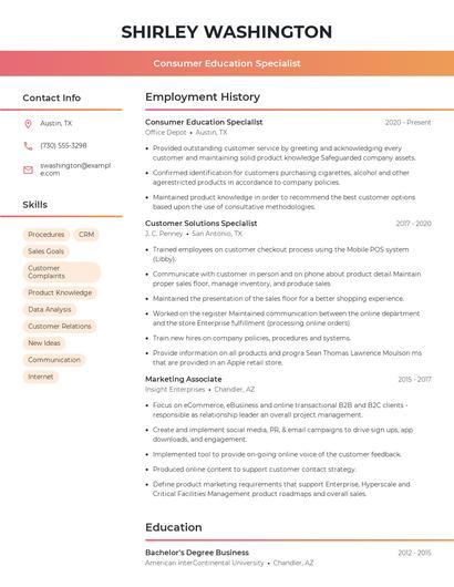 Consumer Education Specialist Resume