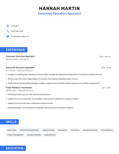 Consumer Education Specialist Resume
