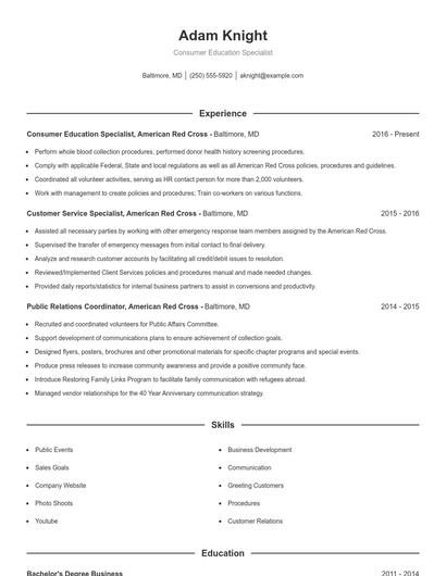 Consumer Education Specialist Resume