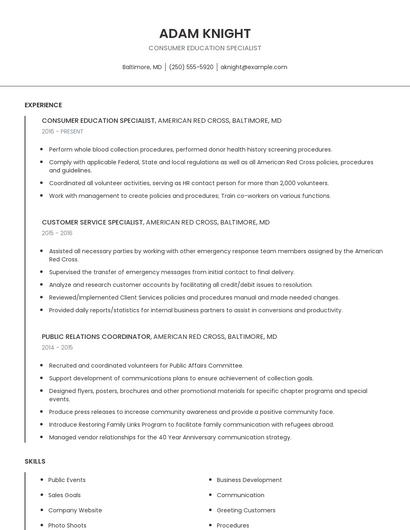 Consumer Education Specialist Resume