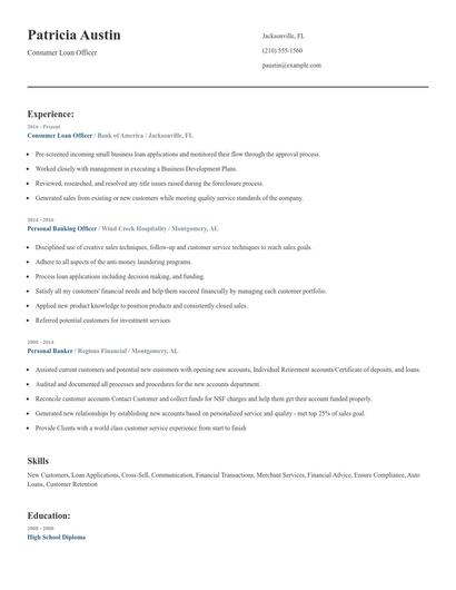 Consumer Loan Officer Resume