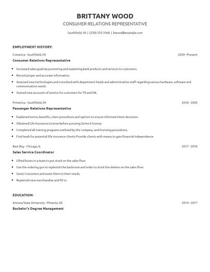 Consumer Relations Representative Resume