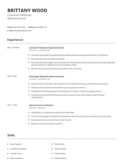 Consumer Relations Representative Resume