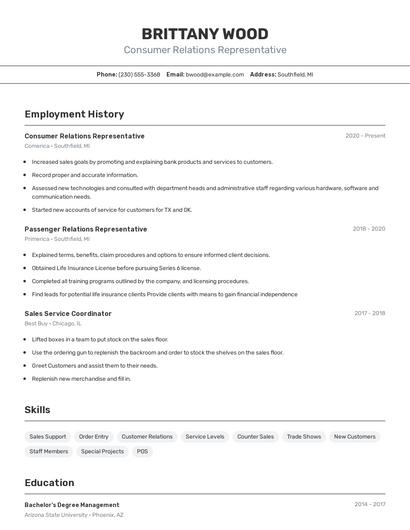 Consumer Relations Representative Resume