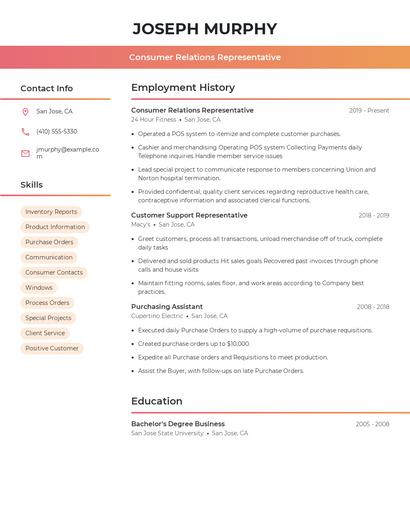 Consumer Relations Representative Resume