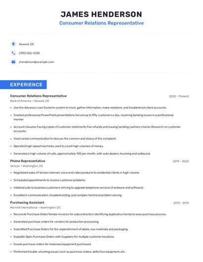 Consumer Relations Representative Resume