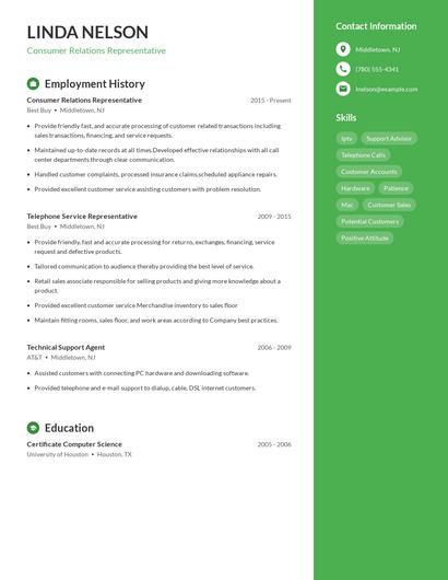 Consumer Relations Representative Resume
