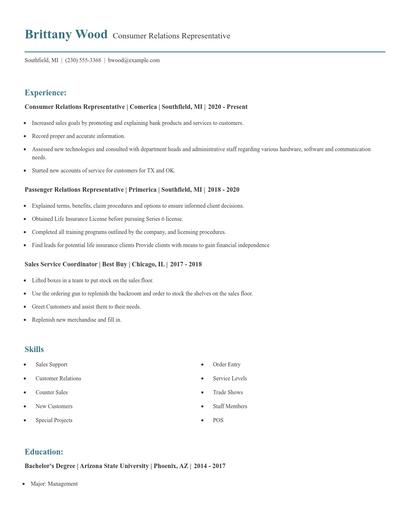 Consumer Relations Representative Resume