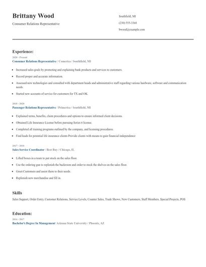 Consumer Relations Representative Resume