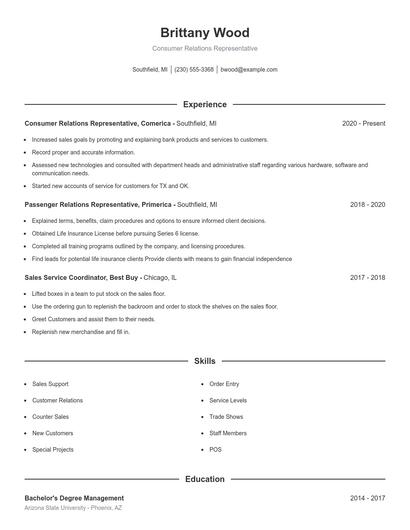 Consumer Relations Representative Resume