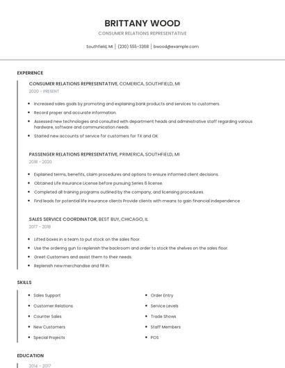 Consumer Relations Representative Resume