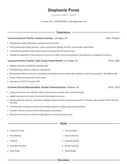 Consumer Science Teacher Resume