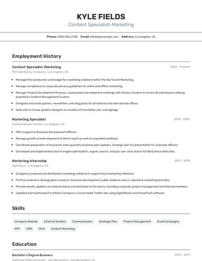 Content Specialist-Marketing Resume