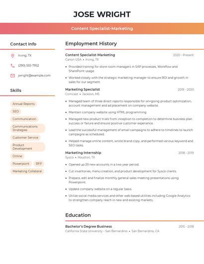 Content Specialist-Marketing Resume