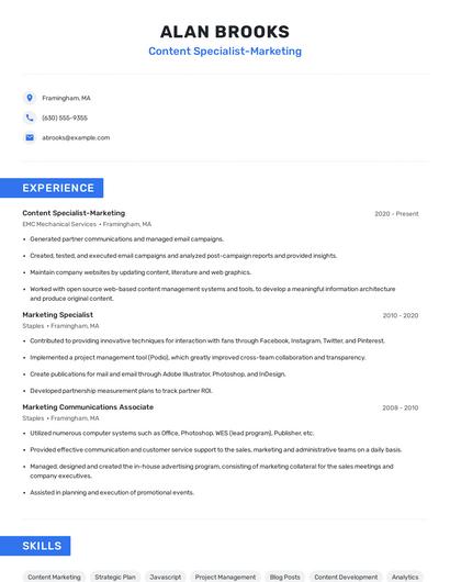 Content Specialist-Marketing Resume