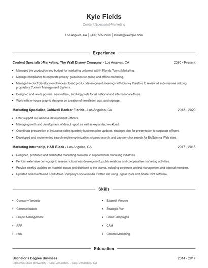 Content Specialist-Marketing Resume