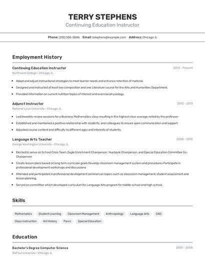 Continuing Education Instructor Resume