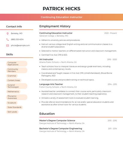 Continuing Education Instructor Resume