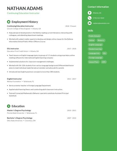 Continuing Education Instructor Resume