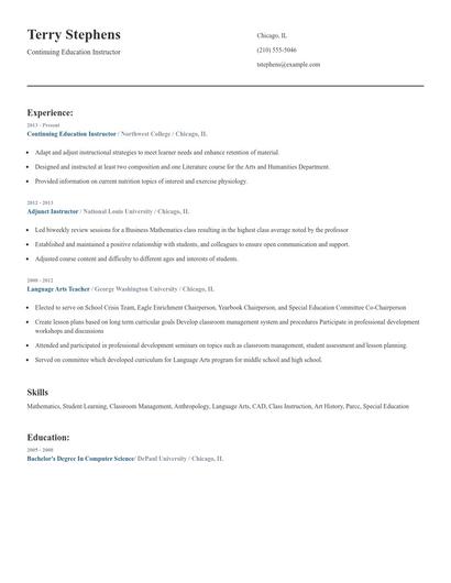 Continuing Education Instructor Resume